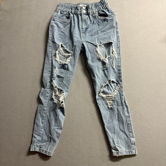 Refuge Denim Mom Jeans Women Small Light Wash Distressed Ripped Elastic Waist 26