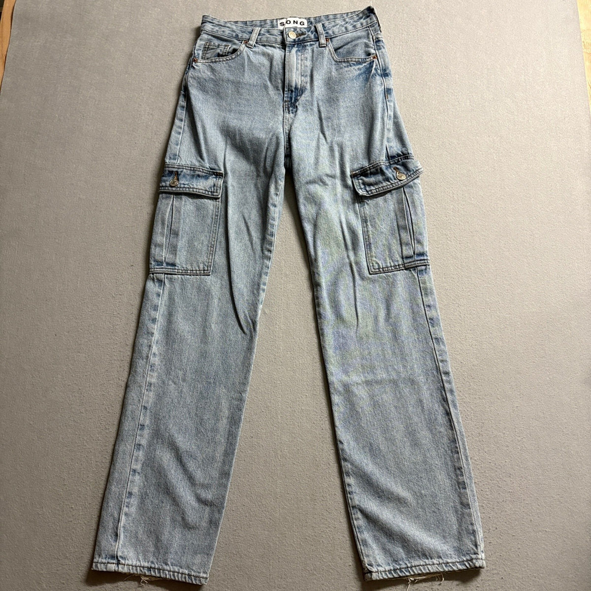 SO.N.G Womens High Rise Cargo Jeans Size 1/25 Blue Light Wash Straight Leg 28x29