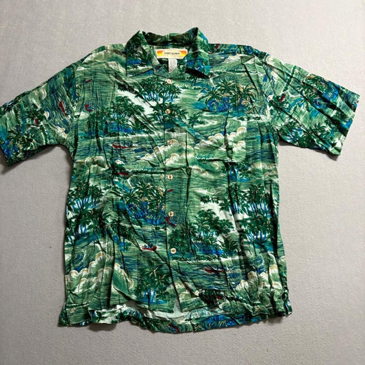 Sunset Highway Hawaiian Shirt Mens XL Green Rayon Tropical Palm Tree Boat Nepal