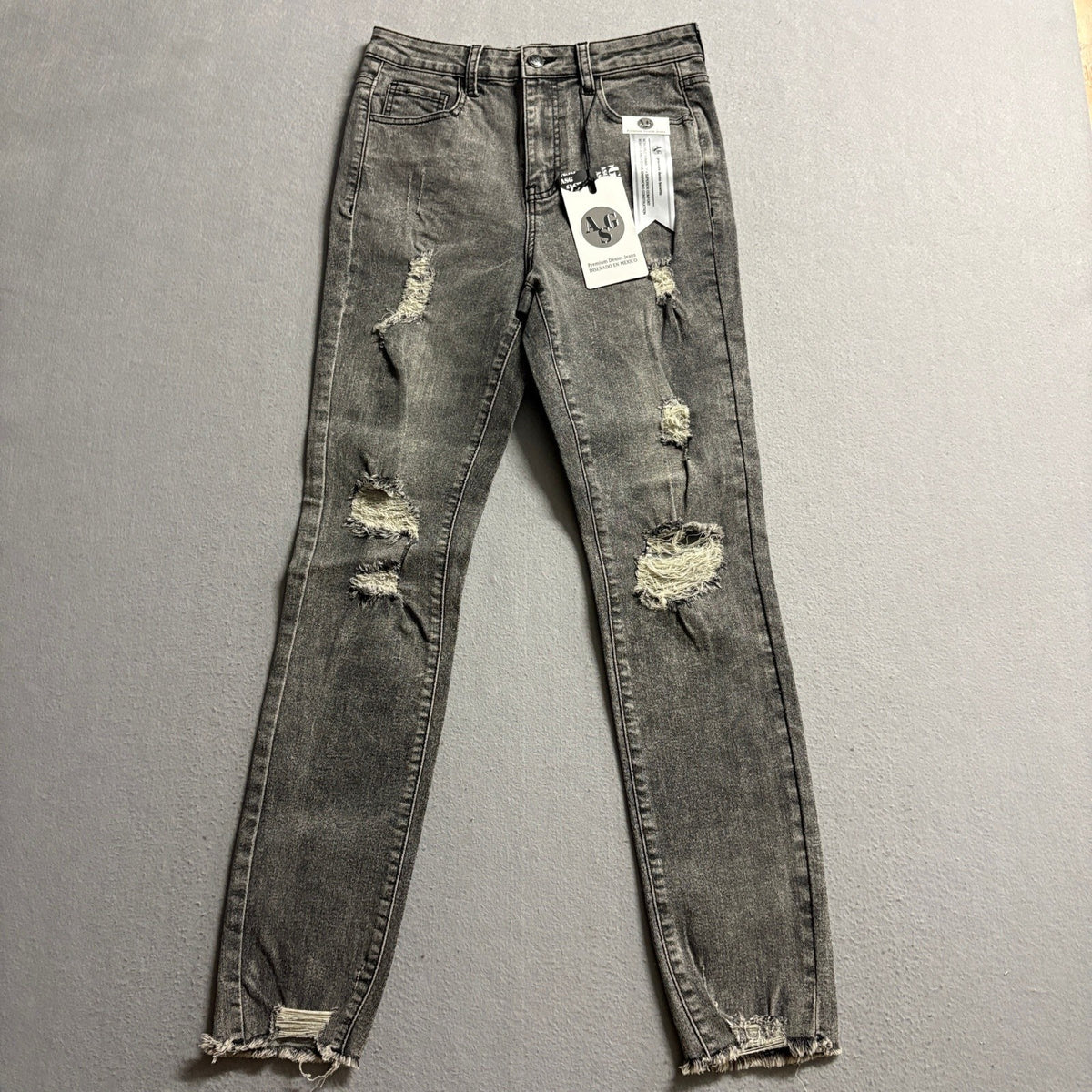 AGS Premium Denim Jeans Womens 5 Gray Distressed Ripped High Rise Skinny Stretch