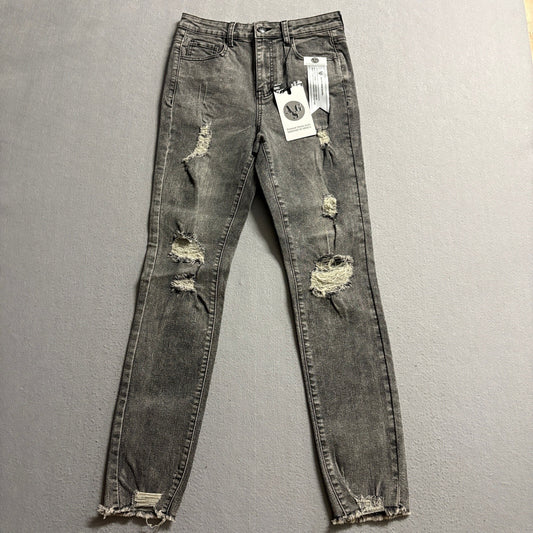 AGS Premium Denim Jeans Womens 5 Gray Distressed Ripped High Rise Skinny Stretch