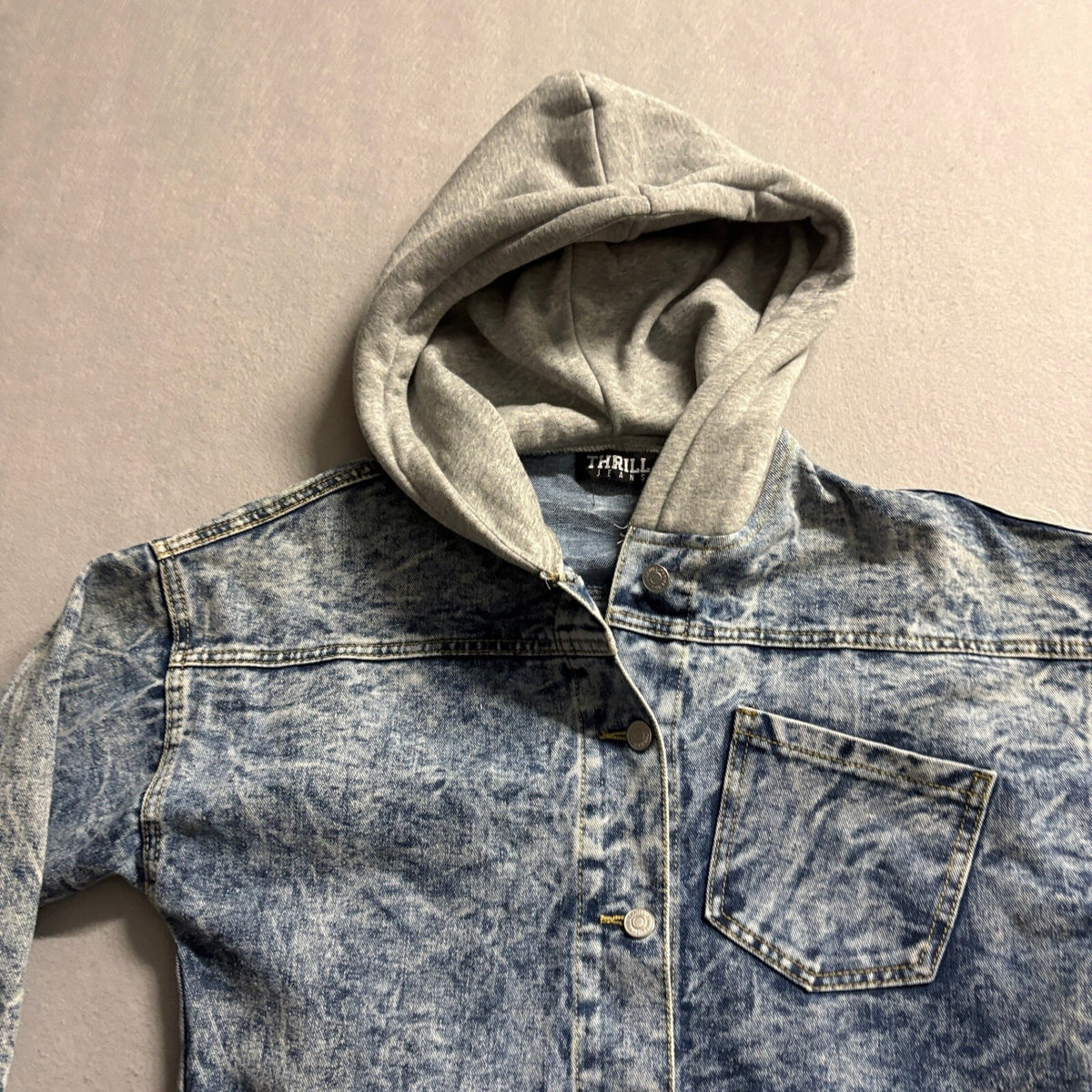 Thrill Jeans Denim Jacket Womens Small Acid Wash Distressed Hooded Shacket Coat