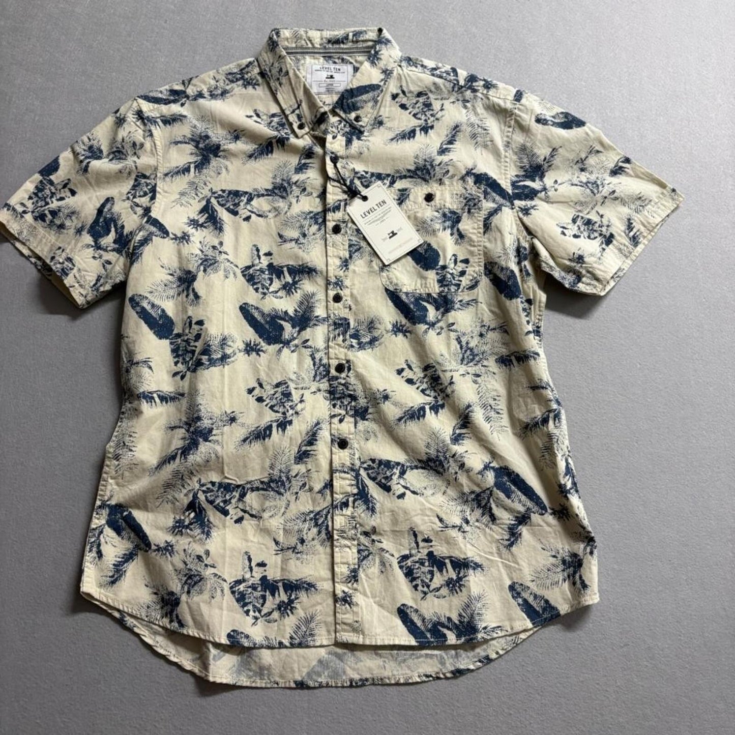 Level Ten Mens Large Tropical Palm Tree Print Short Sleeve Button Up Shirt NWT