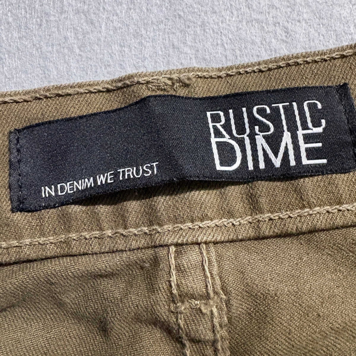 Rustic Dime Mens 34 Olive Green Distressed Taper Fit Jeans Made in USA Stretch