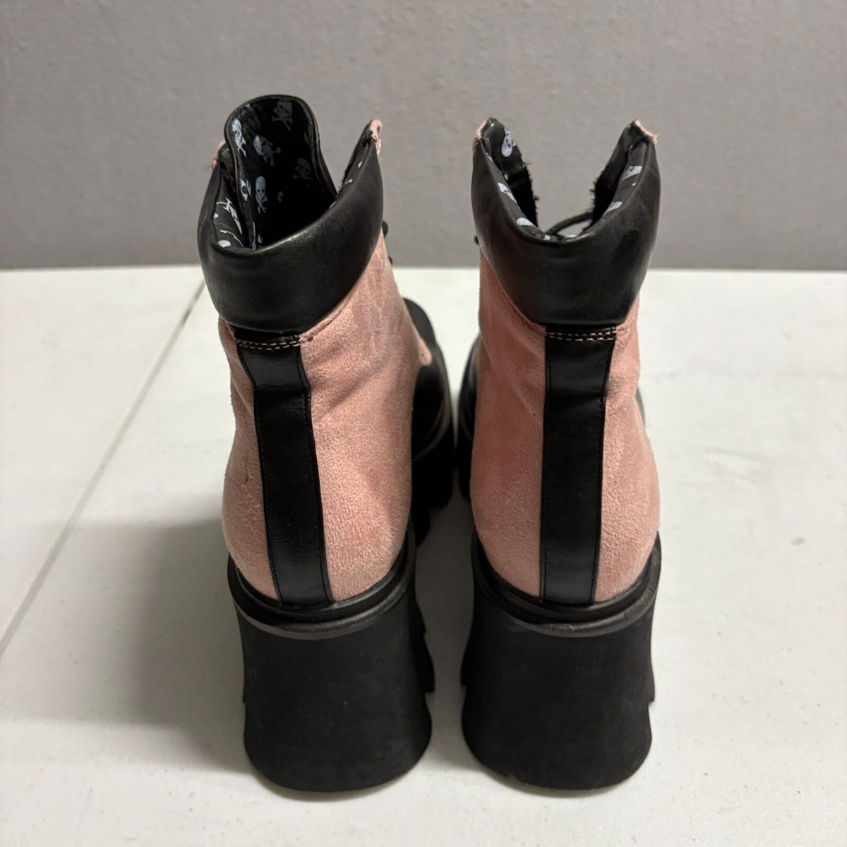 Lamoda Womens Size 7 Platform Combat Boots Black Pink Skull Print Lining Chunky