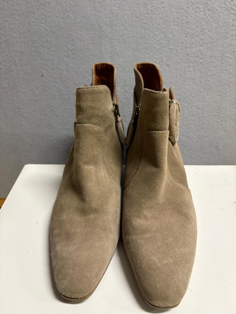Aquatalia Womens Suede Ankle Boots Taupe Beige Buckle Zip Made in Italy Size 6.5