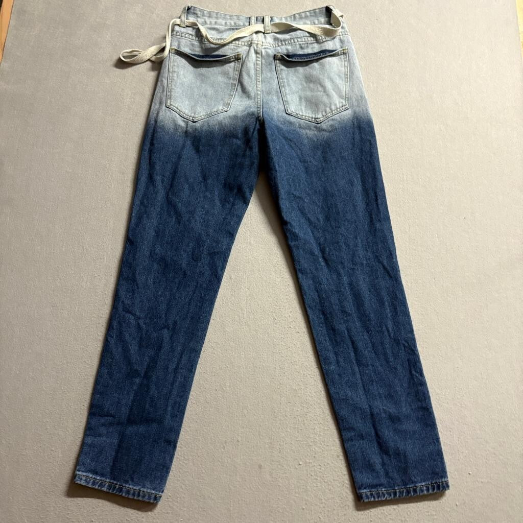 ClassicB Distressed Patchwork Jeans Womens Size 28 Ombre Blue Bear Varsity 78