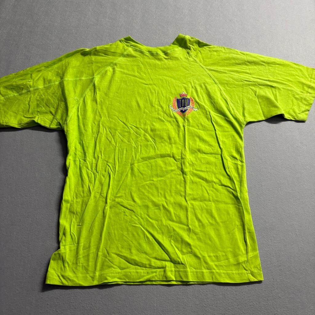 Vintage IOU T-Shirt Mens Large Neon Lime Green 1991 Fashion Network Raglan Tee