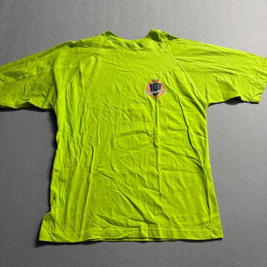 Vintage IOU T-Shirt Mens Large Neon Lime Green 1991 Fashion Network Raglan Tee