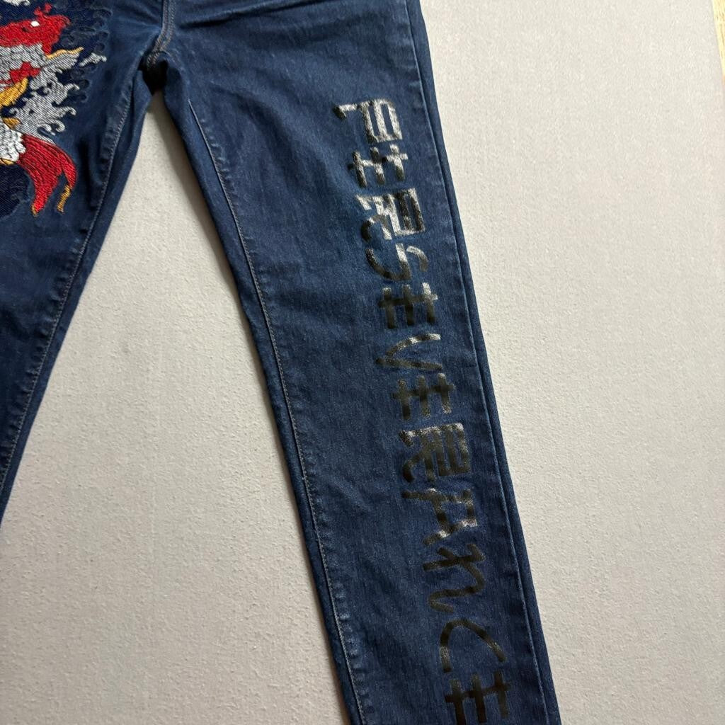Fashion Nova Men Koi Fish Embroidered Jeans Size 32 Dark Wash Japanese Wave