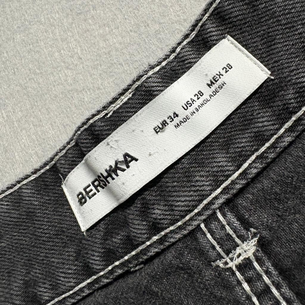 Bershka Wide Leg Jeans Womens Size 28 Gray Black Acid Wash Denim High Rise