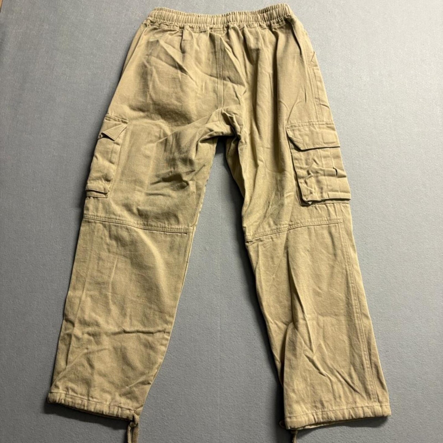 Unbranded Mens Cargo Pants Size L Beige Twill Elastic Waist Drawstring Hem