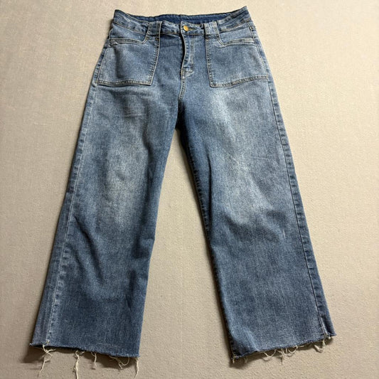 Unbranded Wide Leg Crop Jeans Womens Size 8 Blue Denim Raw Hem High Rise Stretch