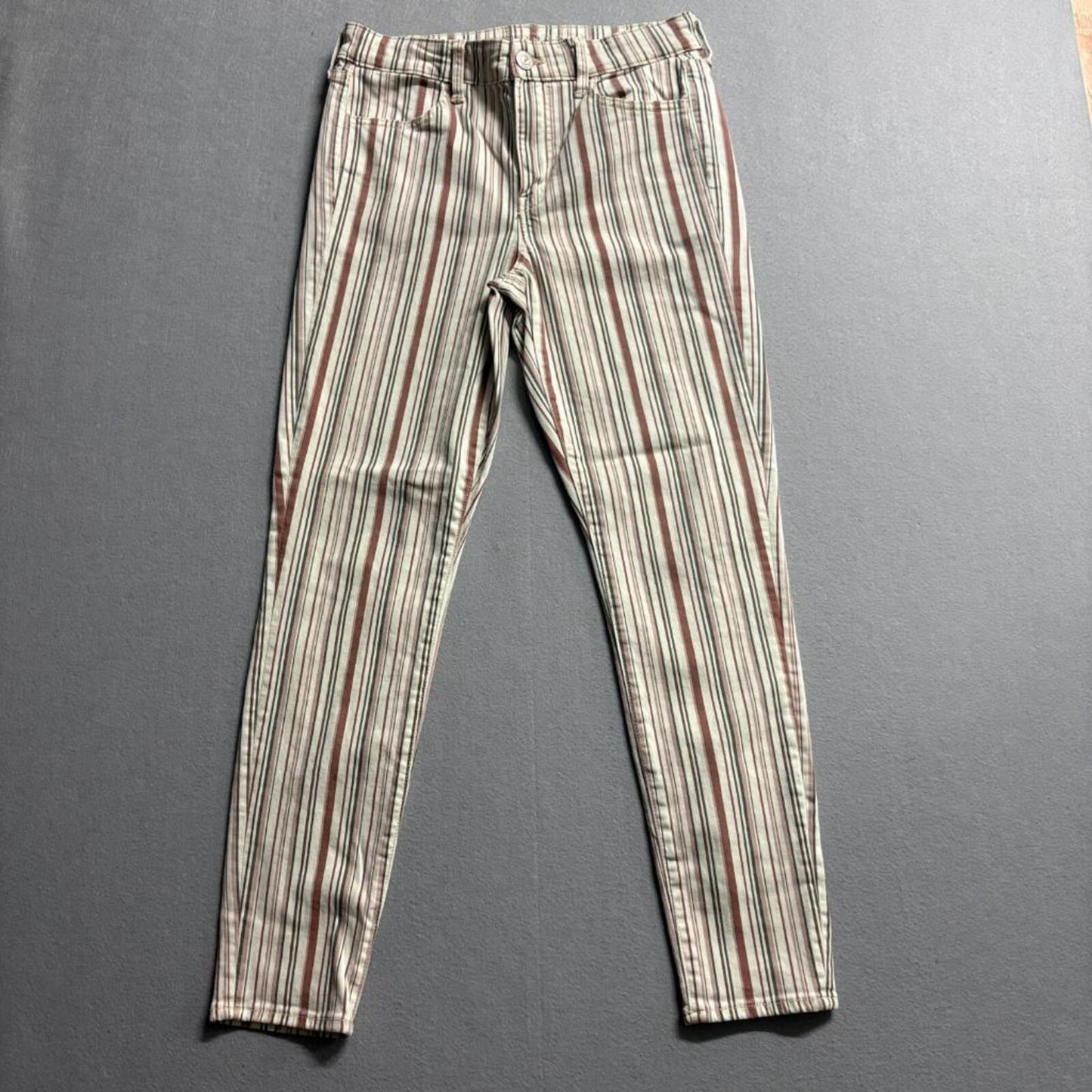 American Eagle Striped Jeans Womens 10 Regular Skinny Stretch Cream Brown Pink