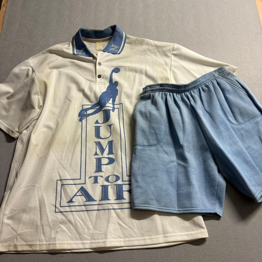 Vintage Jump to Air Basketball Polo Shirt Shorts Set Mens XL White Blue USA Made