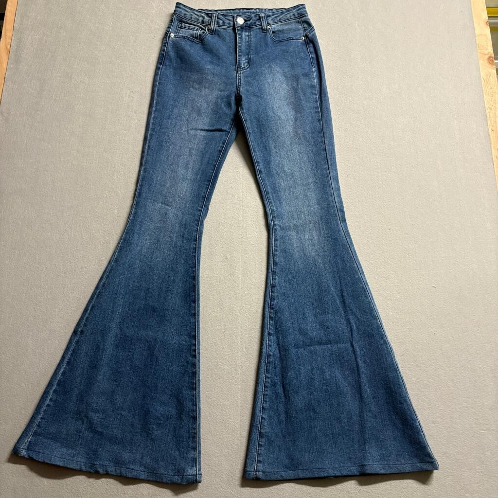 Shein Women High Rise Extreme Flare Bell Bottom Jeans Blue Denim Size S 26x31