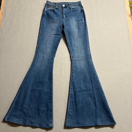 Shein Women High Rise Extreme Flare Bell Bottom Jeans Blue Denim Size S 26x31