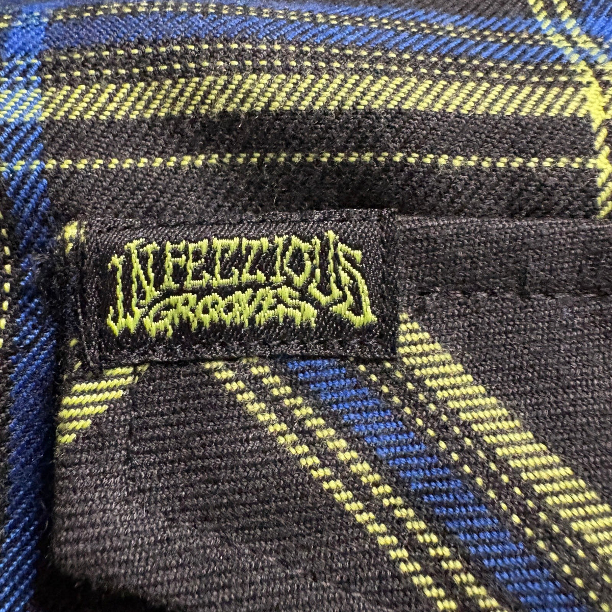 Dixxon Infectious Grooves Flannel Shirt Mens XL Black Yellow Blue Plaid Long