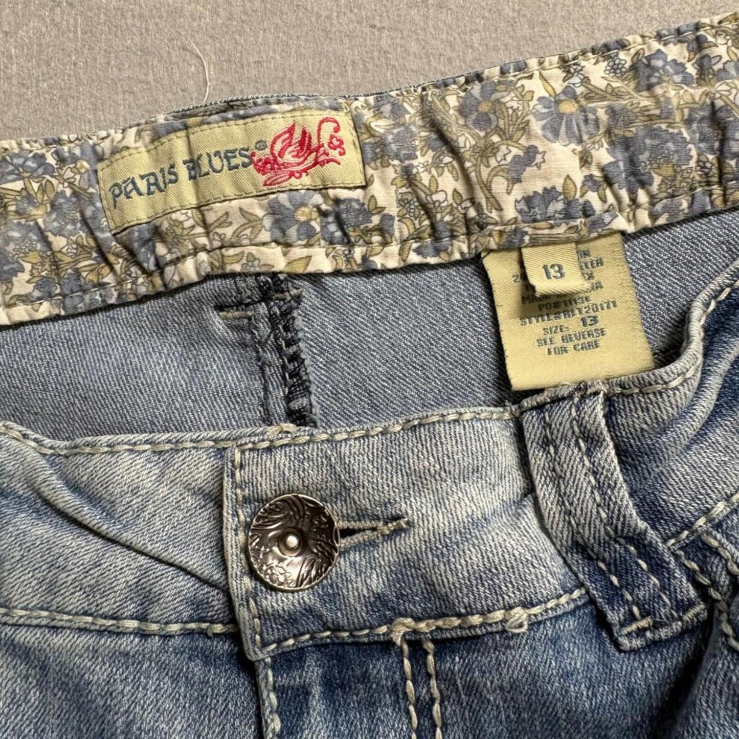 Paris Blues Jeans Womens 13 Blue Denim Low Rise Straight Leg Stretch Floral Trim