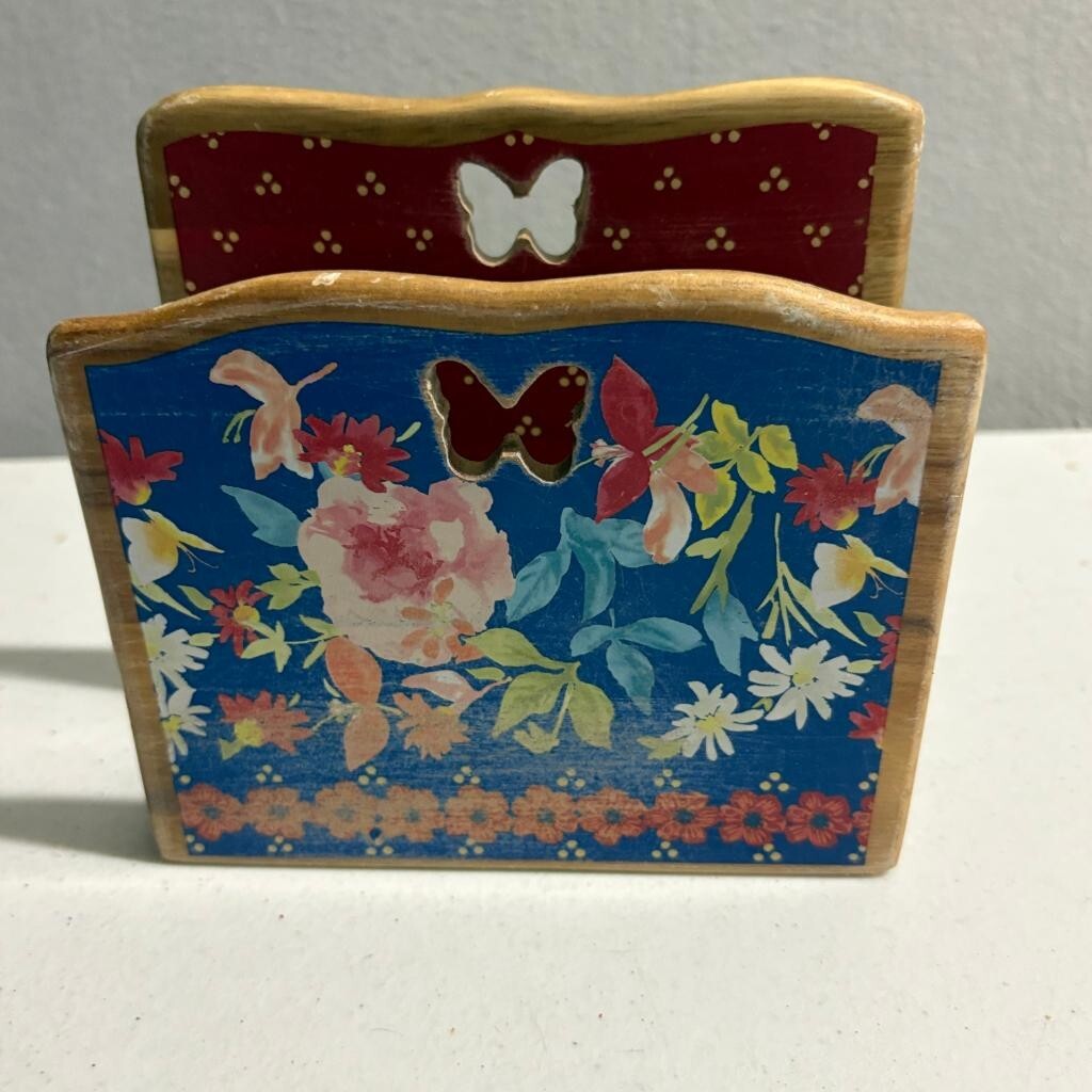 The Pioneer Woman Wooden Napkin Holder Floral Butterfly Cutout Blue Red PW1666