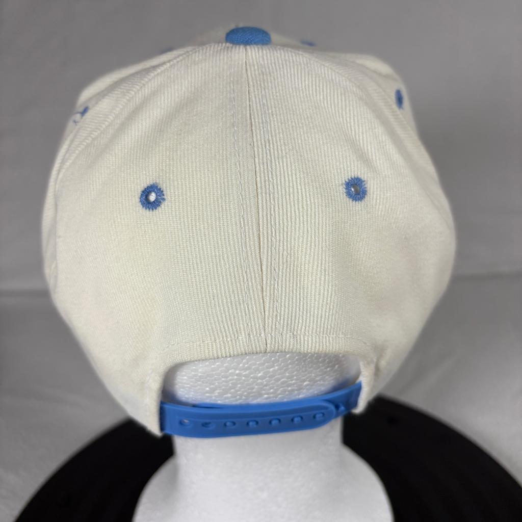Vintage Nike Spellout Snapback Hat Kee & Ed Apparel USA Cream Blue Cap