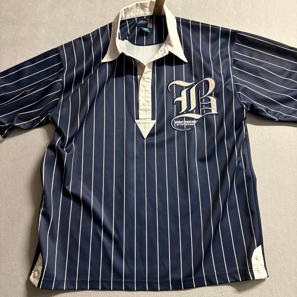 Vintage Boss by IG Design Polo Shirt Mens XL Navy Blue Pinstripe Baseball 1989