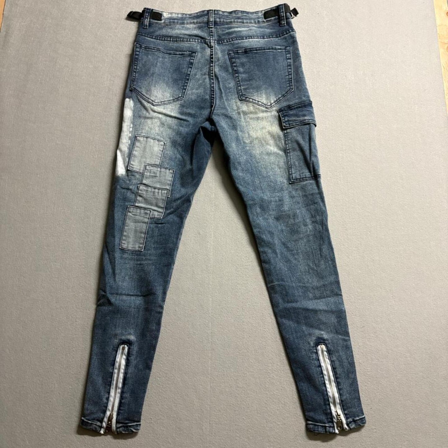 Astatine Denim Mens 32 Distressed Patchwork Skinny Jeans Blue Zip Ankle Cargo