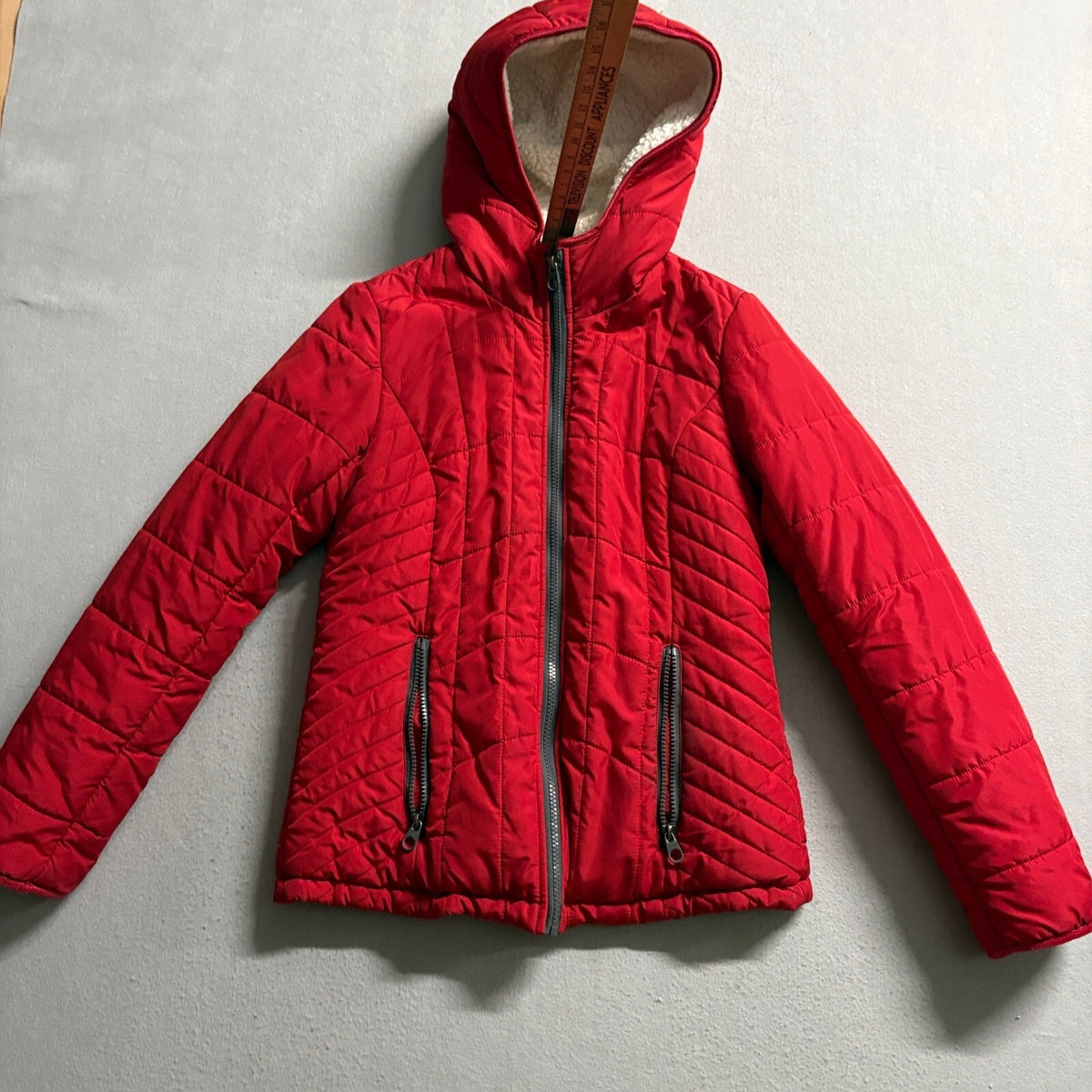 Kenneth Cole New York Puffer Jacket Womens Small Red Sherpa Lined Hooded Coat