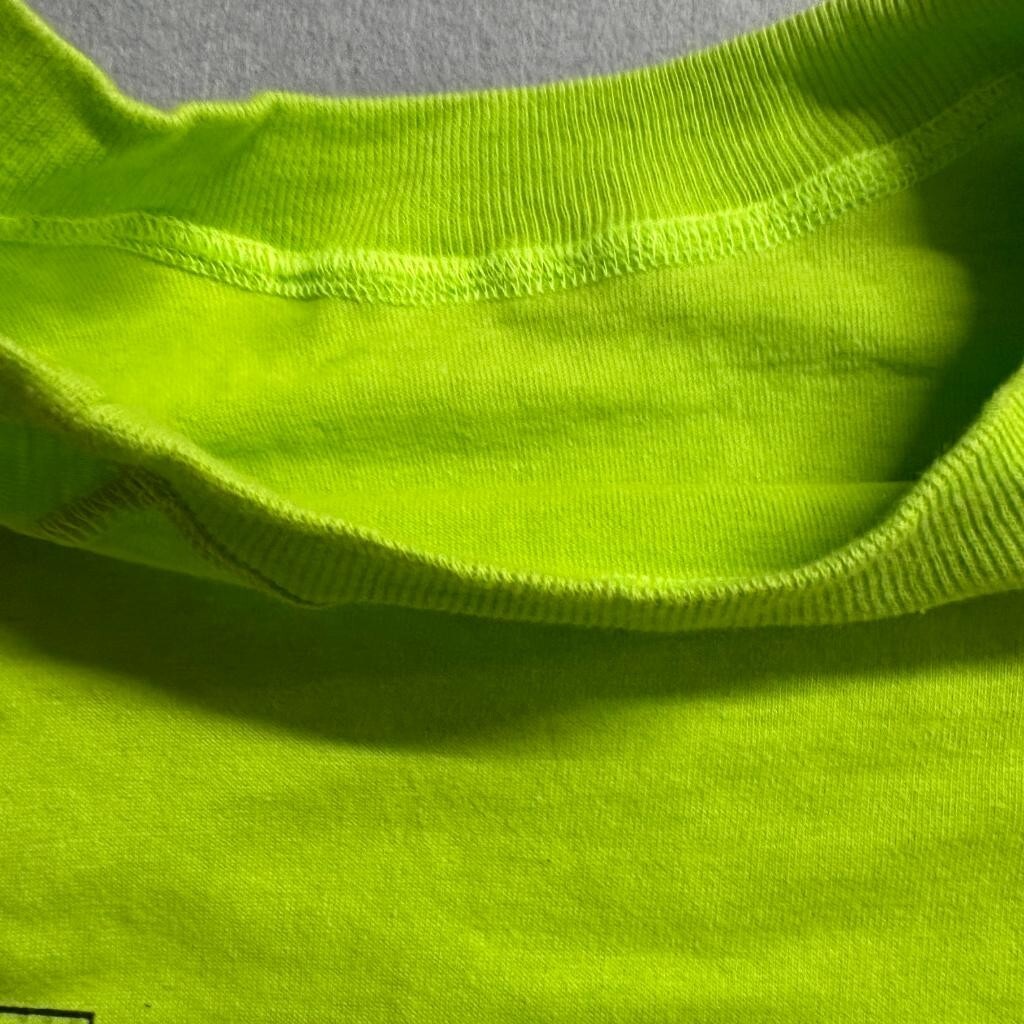 Vintage IOU T-Shirt Mens Large Neon Lime Green 1991 Fashion Network Raglan Tee