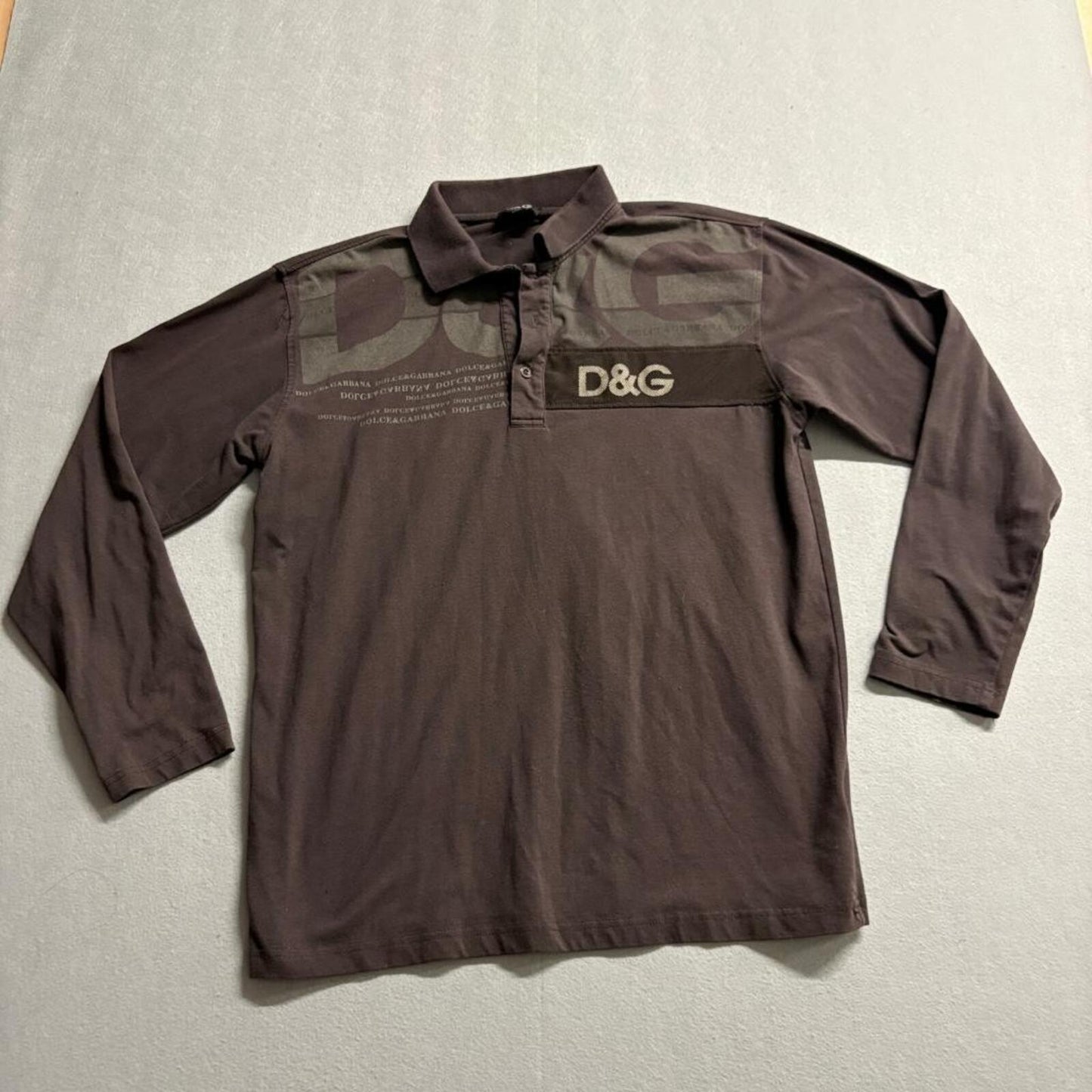 D&G Dolce & Gabbana Polo Shirt Mens XL Brown Long Sleeve Logo Made in Italy