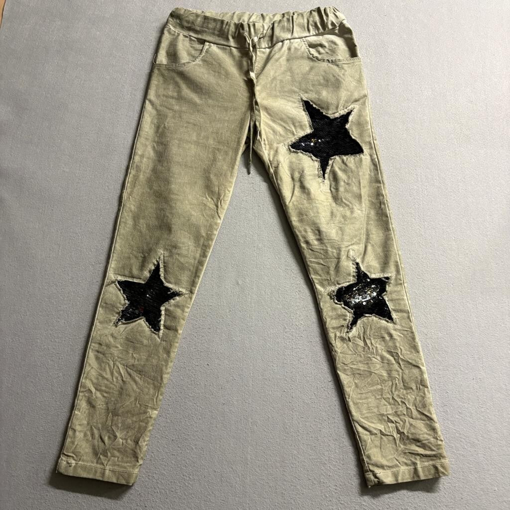 Venti6 Womens Sequin Star Patch Jogger Jeans Green Khaki Stretch Pants Size