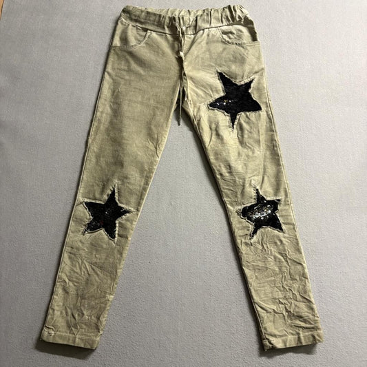 Venti6 Womens Sequin Star Patch Jogger Jeans Green Khaki Stretch Pants Size