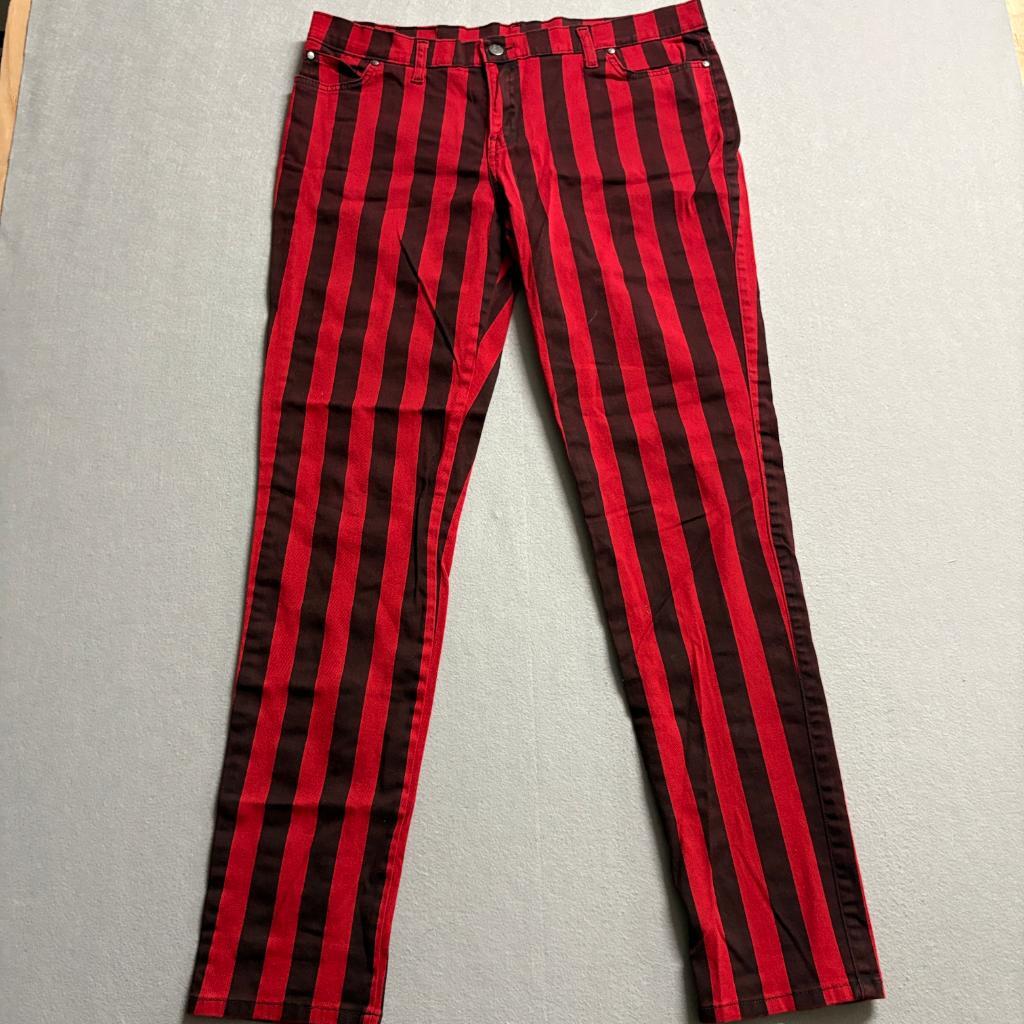 Run & Fly Striped Jeans Womens 18 Red Black Punk Goth Rockabilly Skinny Pants UK