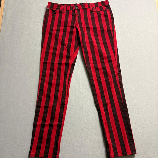 Run & Fly Striped Jeans Womens 18 Red Black Punk Goth Rockabilly Skinny Pants UK