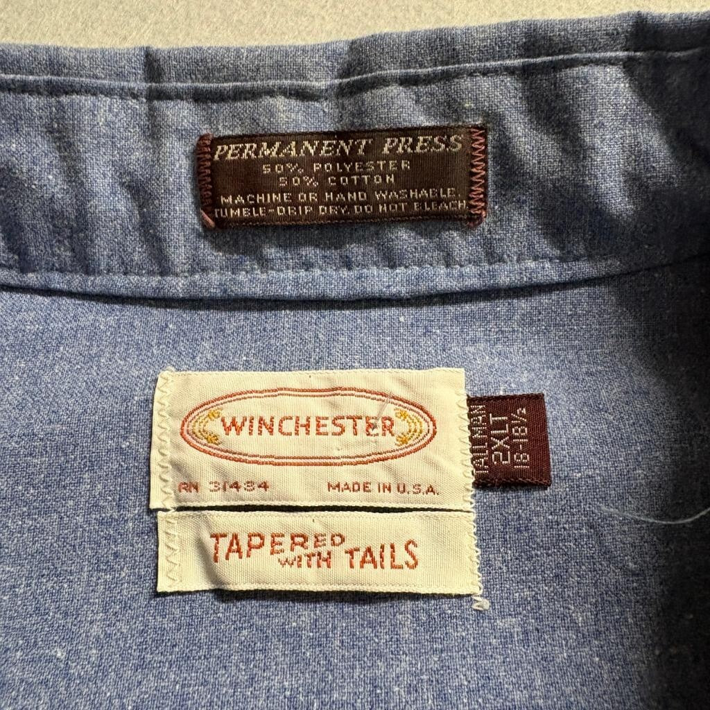 Vintage Winchester Western Shirt Mens 2XLT Blue Chambray Pearl Snap Long Sleeve