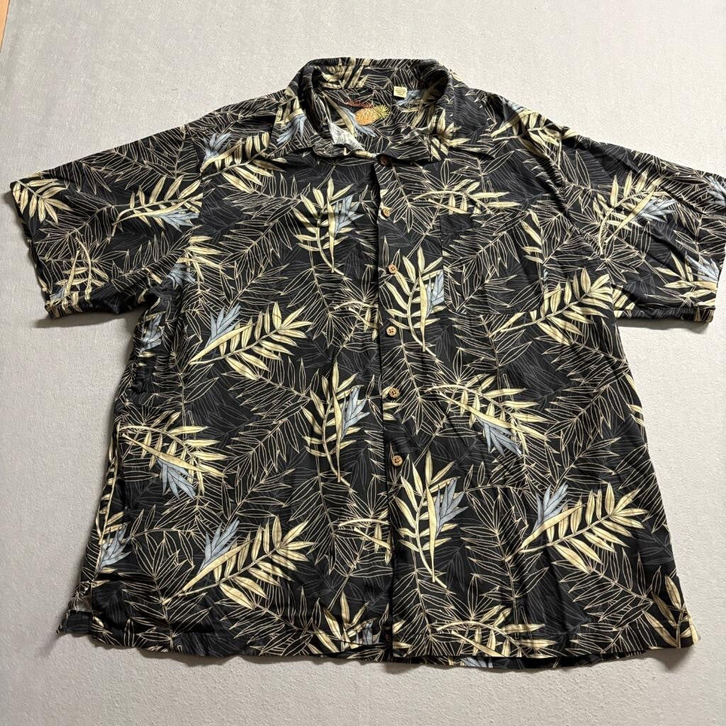 Caribbean Mens 3X Hawaiian Shirt Silk Cotton Blend Black Tropical Floral Palm
