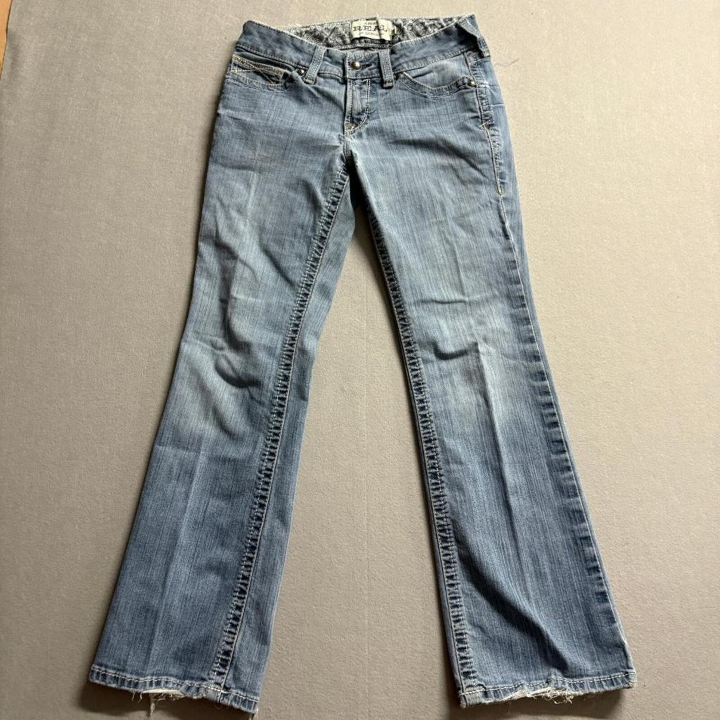 Ariat REAL Denim Womens 29S Bootcut Jeans Blue Stretch Distressed Frayed Hem
