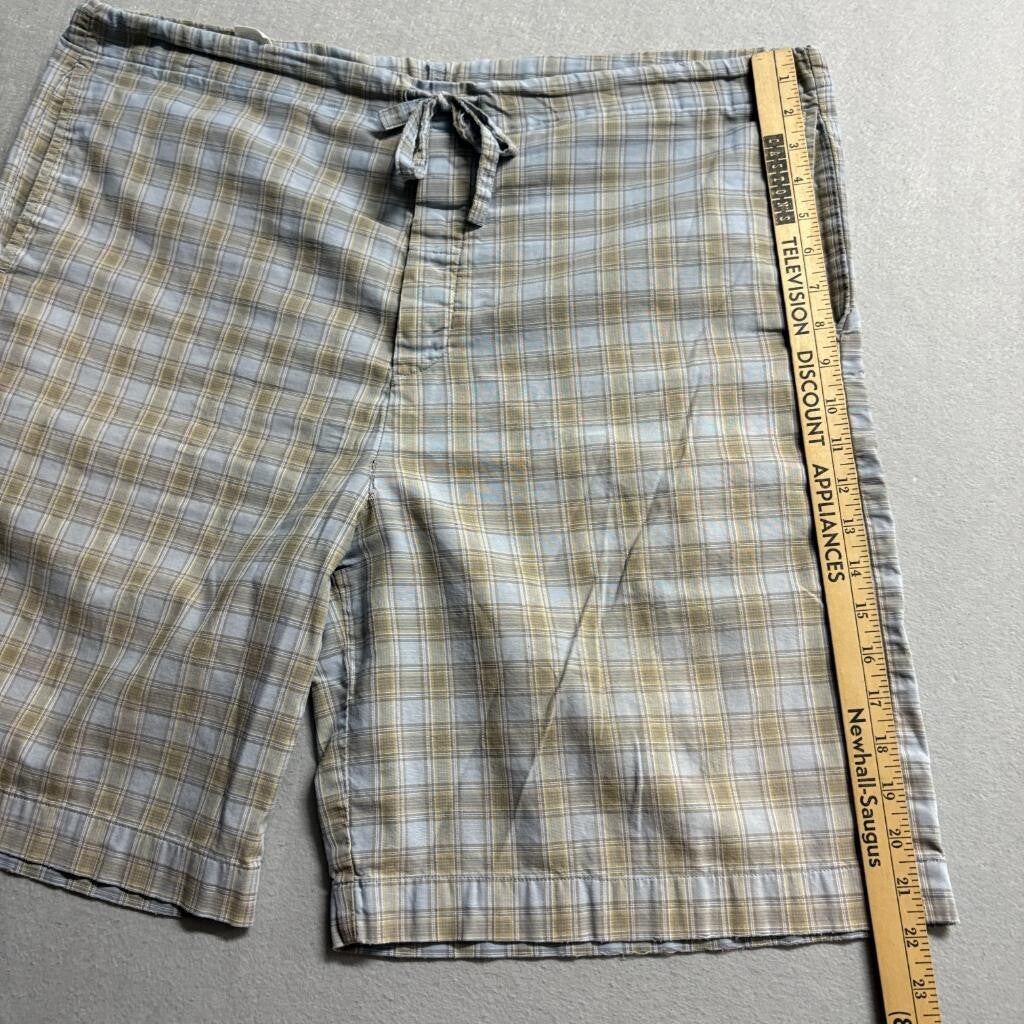 DKNY Mens Plaid Pajama Shorts Large Blue Tan Cotton Drawstring Lounge Sleepwear