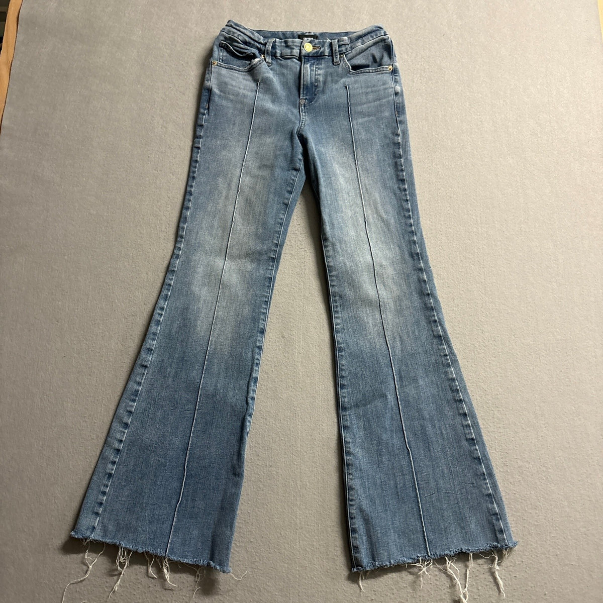 Express 70s Flare Jeans Womens Size S Reg Blue Denim Raw Hem Seam Front Mid Rise