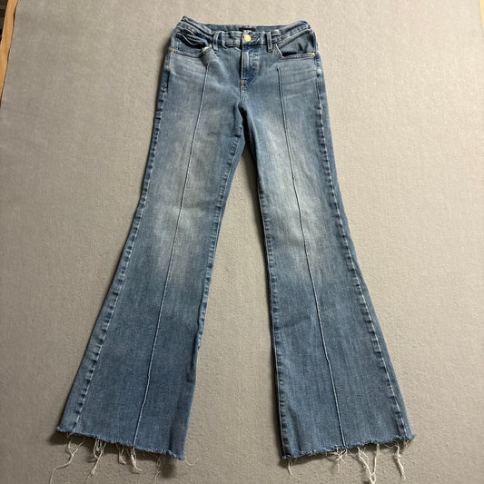Express 70s Flare Jeans Womens Size S Reg Blue Denim Raw Hem Seam Front Mid Rise