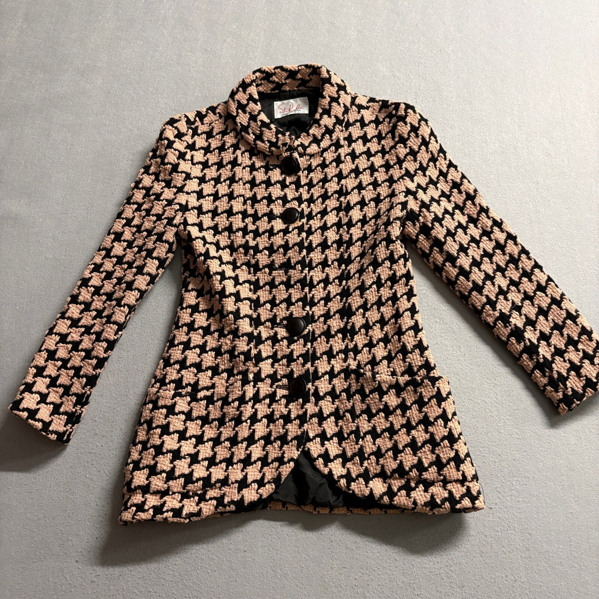 St Robe Sanyo Vintage Wool Blend Houndstooth Jacket Pink Black Tweed Coat Size