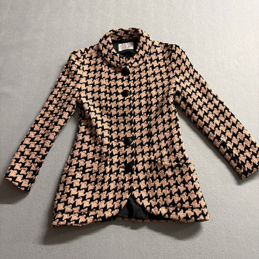 St Robe Sanyo Vintage Wool Blend Houndstooth Jacket Pink Black Tweed Coat Size