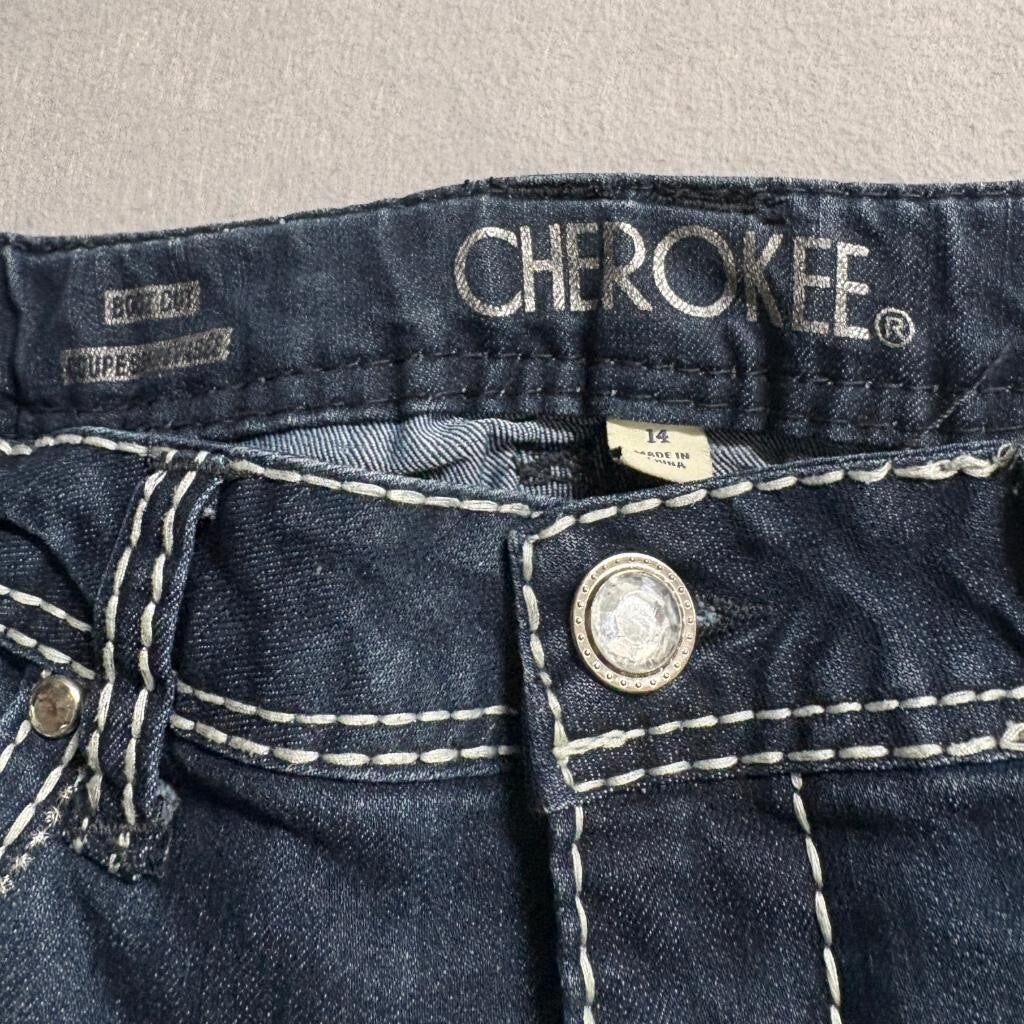 Cherokee Girls Bootcut Jeans Size 14 Dark Wash Thick Stitch Rhinestone Button