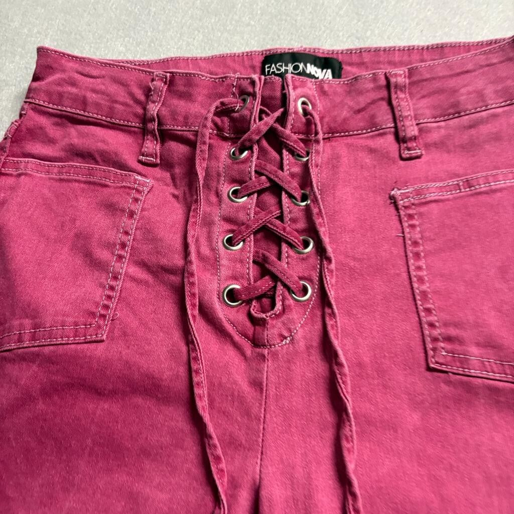 Fashion Nova Lace Up Flare Jeans Womens Size 9 Burgundy Pink Stretch Denim