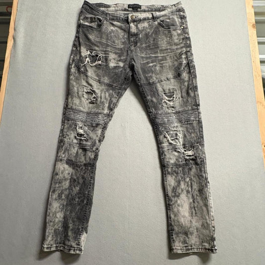 Encrypted Moto Jeans Mens 42x34 Gray Acid Wash Distressed Ripped Biker Denim