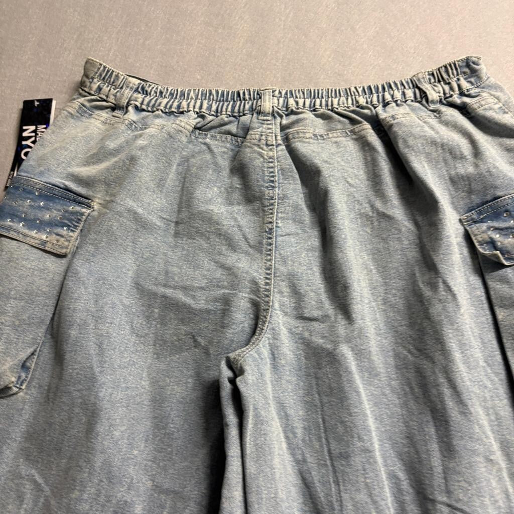 Madden NYC Cargo Jeans Womens XXL 20 Blue Denim Rhinestone High Rise Wide Leg