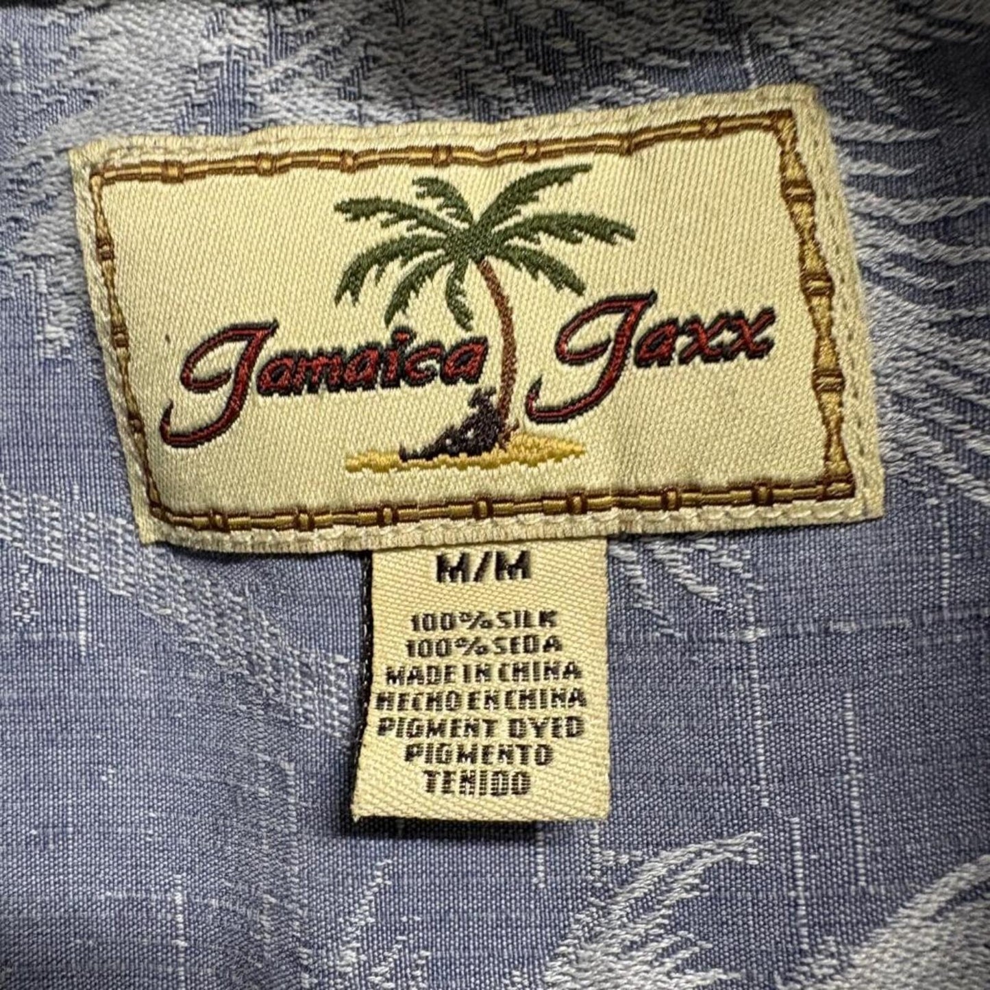 Jamaica Jaxx Mens Medium Blue 100% Silk Palm Tree Hawaiian Camp Shirt