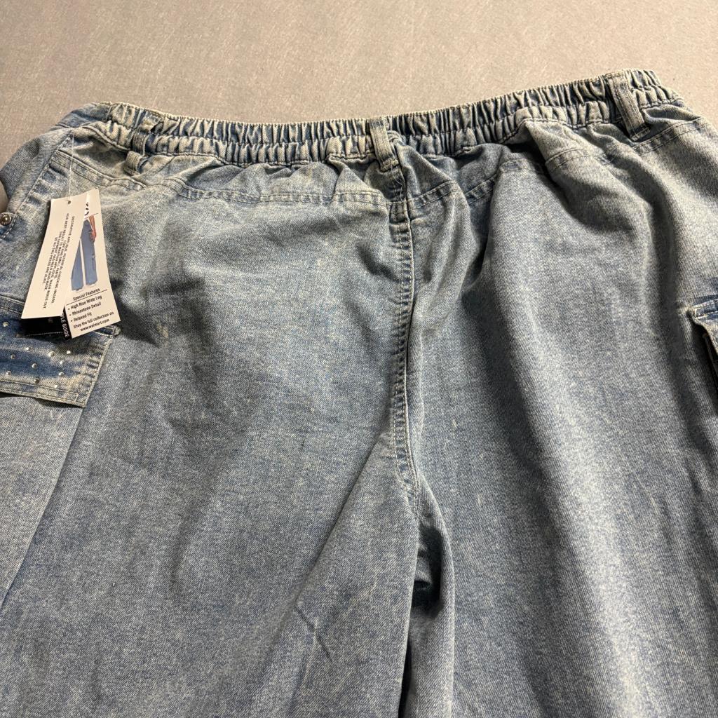 Madden NYC Womens XXL 20 Wide Leg Cargo Jeans Rhinestone High Rise Light Wash
