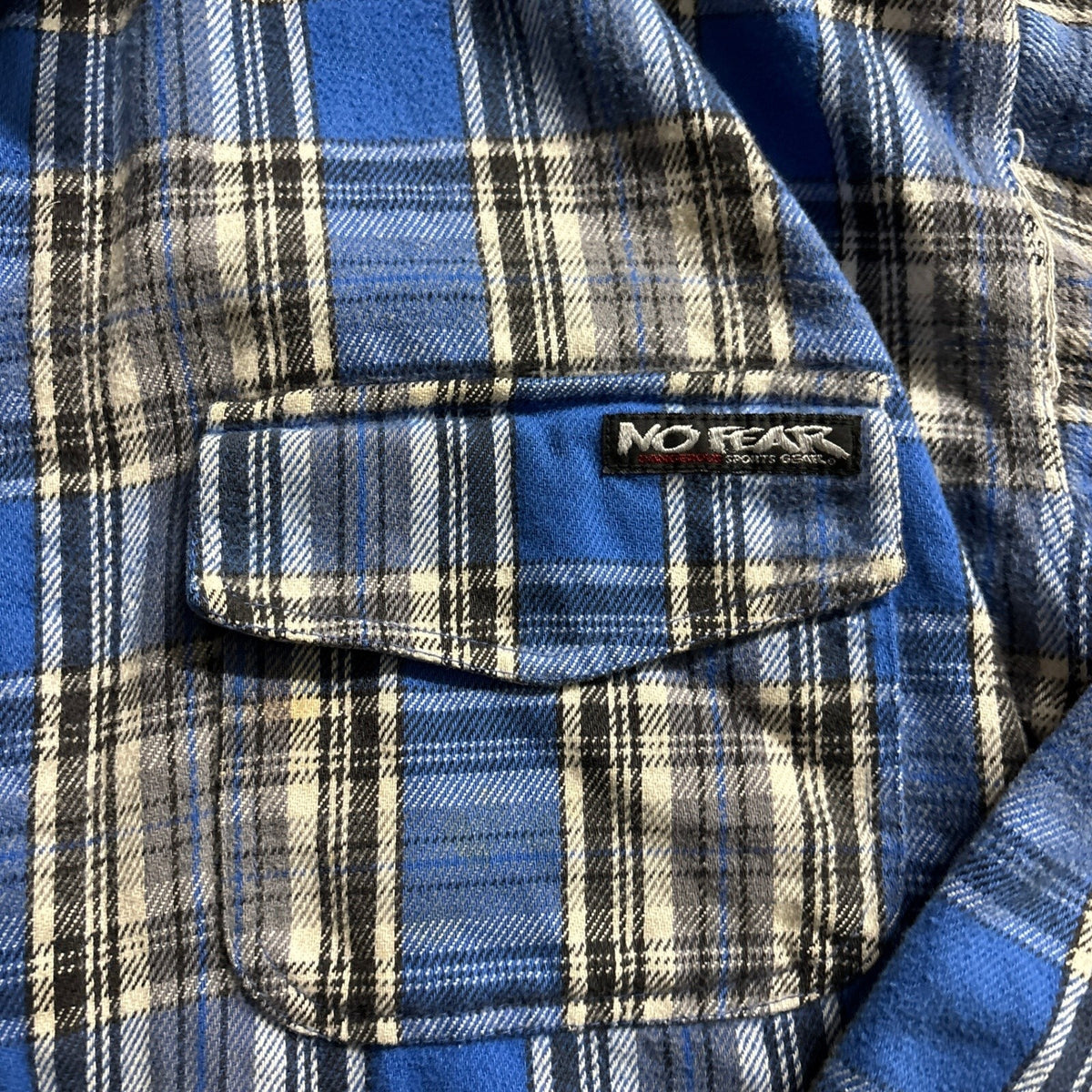Vintage 90s No Fear Full Zip Flannel Plaid Shirt Mens XL Blue USA Made