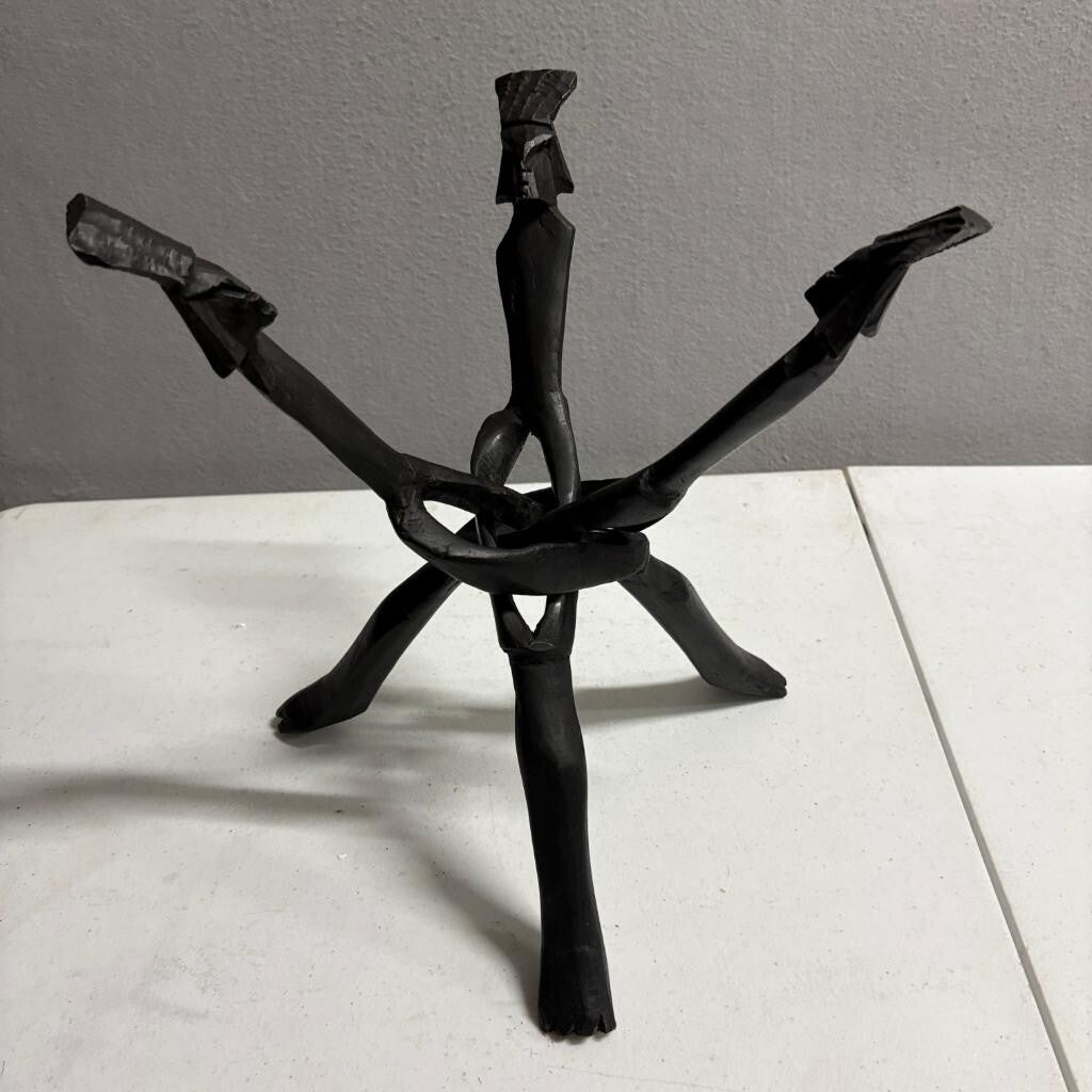 Vintage Hand Carved African Interlocking Wood Tripod Stand 3 Legged Folding 12in